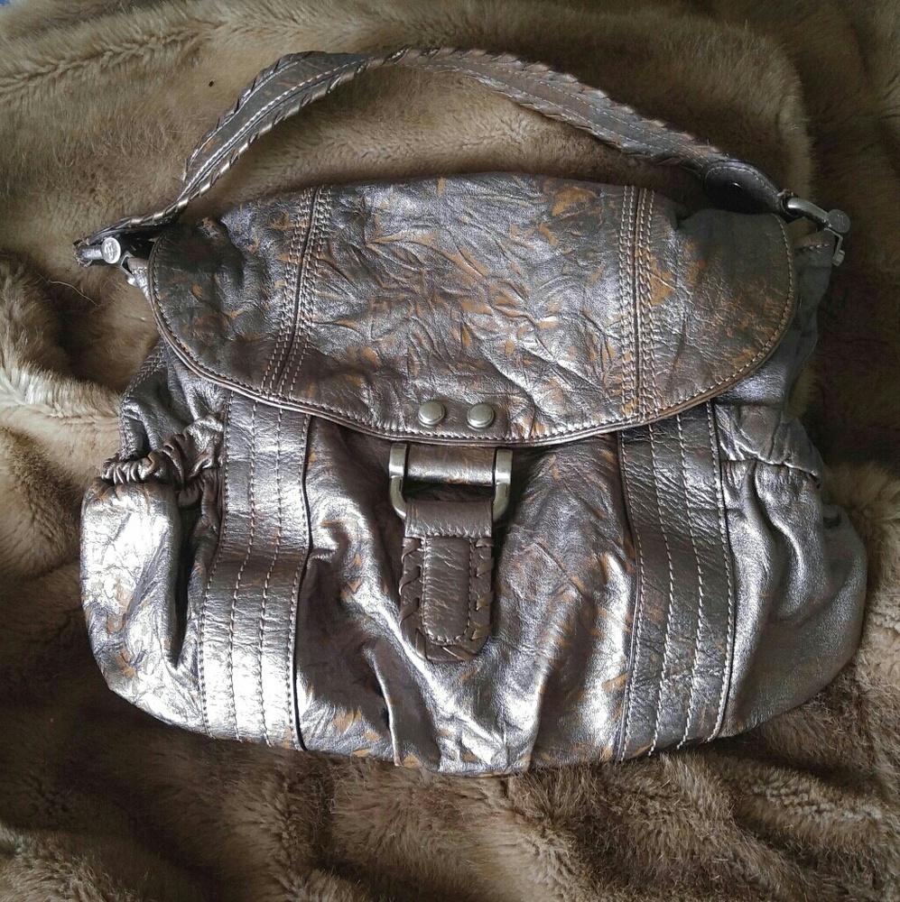 B Makowsky Silver and Gold leather braided handbag